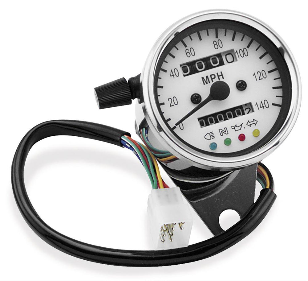 Bikers Choice 2.5 Inch Chrome 2:1 Universal Mini Speedo w LED Indicators White Face 140 Mph