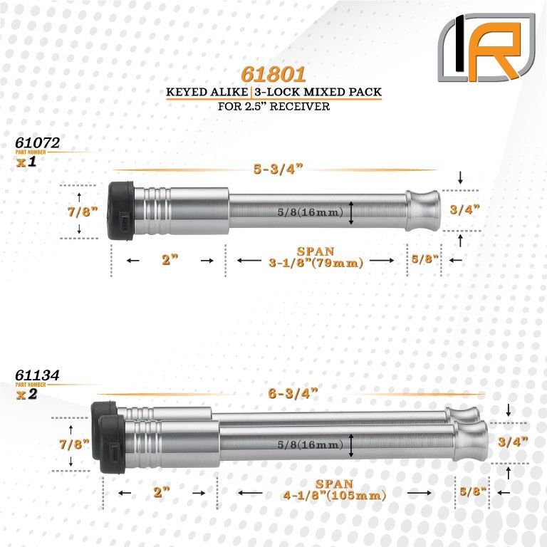 3 PK MIXED 2.5 KEYED ALIKE HITCH LOCKS FOR CURT 2.5IN ADJ CHNL MNT 20K LB HITCH(INCL REC LOCK)SS