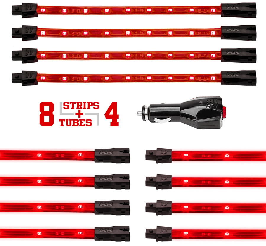 XK Glow Single Color XKGLOW UnderglowLED Accent Light Car/Truck Kit Red - 8x24In Tube + 4x8In Strip