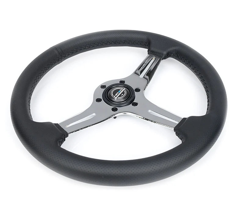NRG Light Weight Gaming Steering Wheel - 350mm 3 Chrome Silver Spokes Perforated Leather