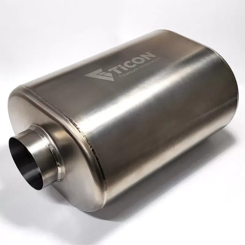 Ticon 2.5in Thin 2.5in Center In/Offset Out Mirror 17in OL 1mm/.039in Oval Titanium Muffler