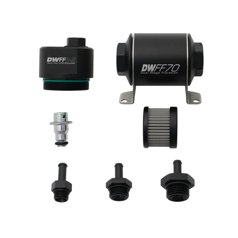 DeatschWerks DWFFR-X 70mm Billet Fuel Filter Regulator - 10 Micron with 5/16in Fittings