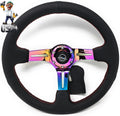 NRG Reinforced Steering Wheel (350mm / 3in. Deep) Blk Leather/Red Stitch w/Neochrome Slits