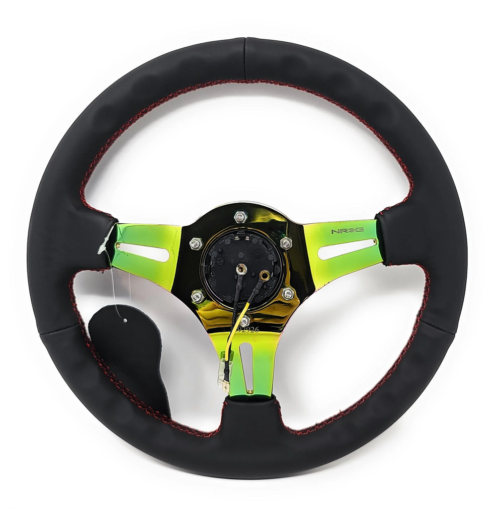 NRG Reinforced Steering Wheel (350mm / 3in. Deep) Blk Leather/Red Stitch w/Neochrome Slits