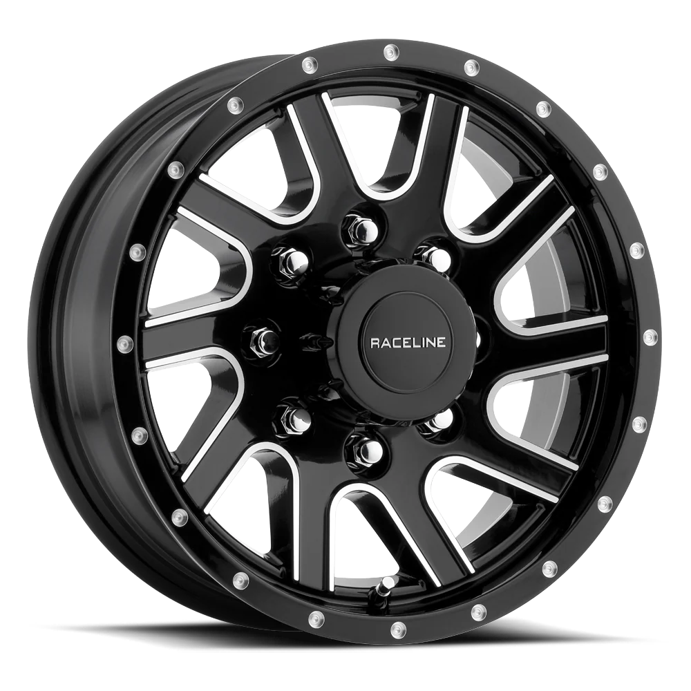 Raceline 821M Twisted 15x5in / 5x4.5 BP / 0mm Offset / 3.19mm Bore - Black and Milled