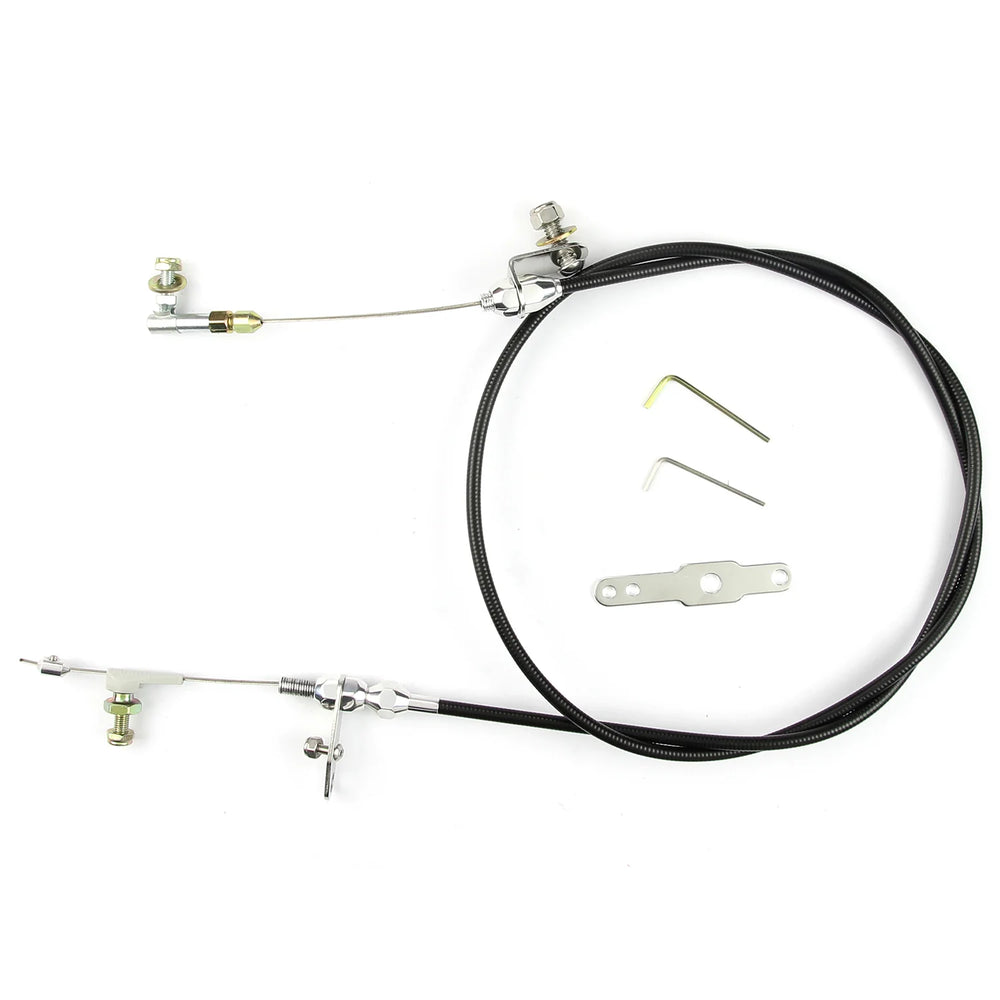 48IN UNIVERSAL BLACK HOUSING POWERGLIDE BLOWER DRIVE KICKDOWN CABLE W/ POLISHED