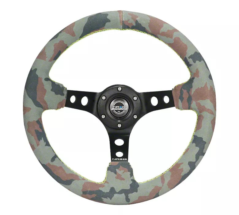 NRG Reinforced Steering Wheel (350mm / 3in. Deep) Camo Suede Mark w/ Neon Grn stitching & Blk Spoke