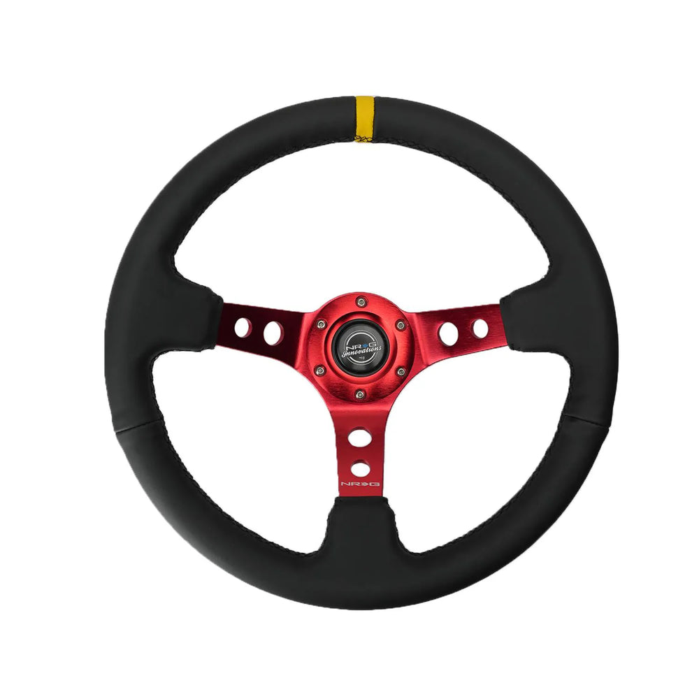 NRG Reinforced Steering Wheel (350mm / 3in. Deep) Blk Leather w/Red Spokes & Sgl Yellow Center Mark