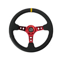 NRG Reinforced Steering Wheel (350mm / 3in. Deep) Blk Leather w/Red Spokes & Sgl Yellow Center Mark