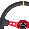 NRG Reinforced Steering Wheel (350mm / 3in. Deep) Blk Leather w/Red Spokes & Sgl Yellow Center Mark