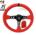 NRG Reinforced Steering Wheel (350mm / 3in. Deep) Red Leather/Blk Stitch w/Blk Circle Cutout Spokes