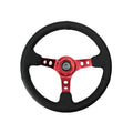 NRG Reinforced Steering Wheel (350mm / 3in. Deep) Blk Leather w/Red Circle Cutout Spokes