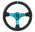 NRG Reinforce Steering Wheel (350mm / 3in. Deep) Blk Leather, Teal Center Mark w/ Teal Stitching
