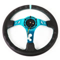 NRG Reinforce Steering Wheel (350mm / 3in. Deep) Blk Leather, Teal Center Mark w/ Teal Stitching