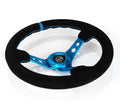 NRG Reinforced Steering Wheel (350mm) 3in Deep Blue Spoke W/ Holes - Black Suede Blue Stripe/Stitch