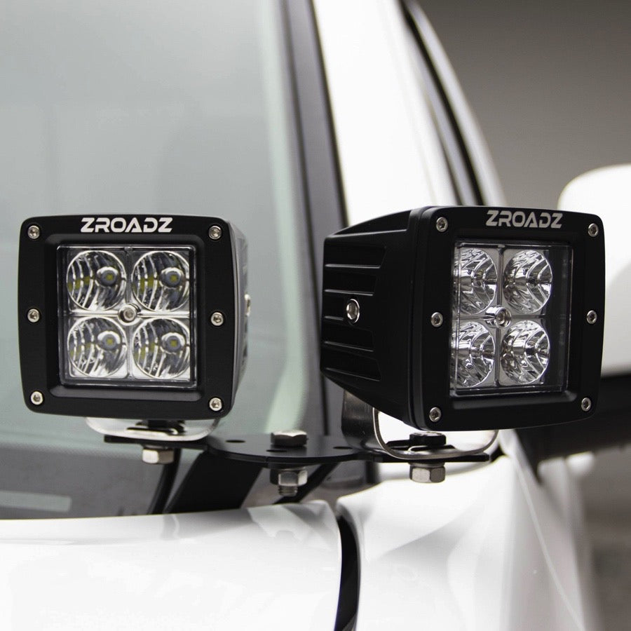 ~(4 lbs. 18X8X3)~ 2016-2017 TOYOTA TACOMA: Hood Hinges LED Light Bar Mounts - By A Pillar - for mounting Two 3 IN Zroadz Cube Pod Work Lights or Similar Style Light - Bolts On to Hood Hinges - Easy Install