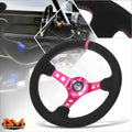 NRG Reinforced Steering Wheel (350mm/ 3in. Deep) Black Suede/ Fushia Center Mark/ Fushia Stitching