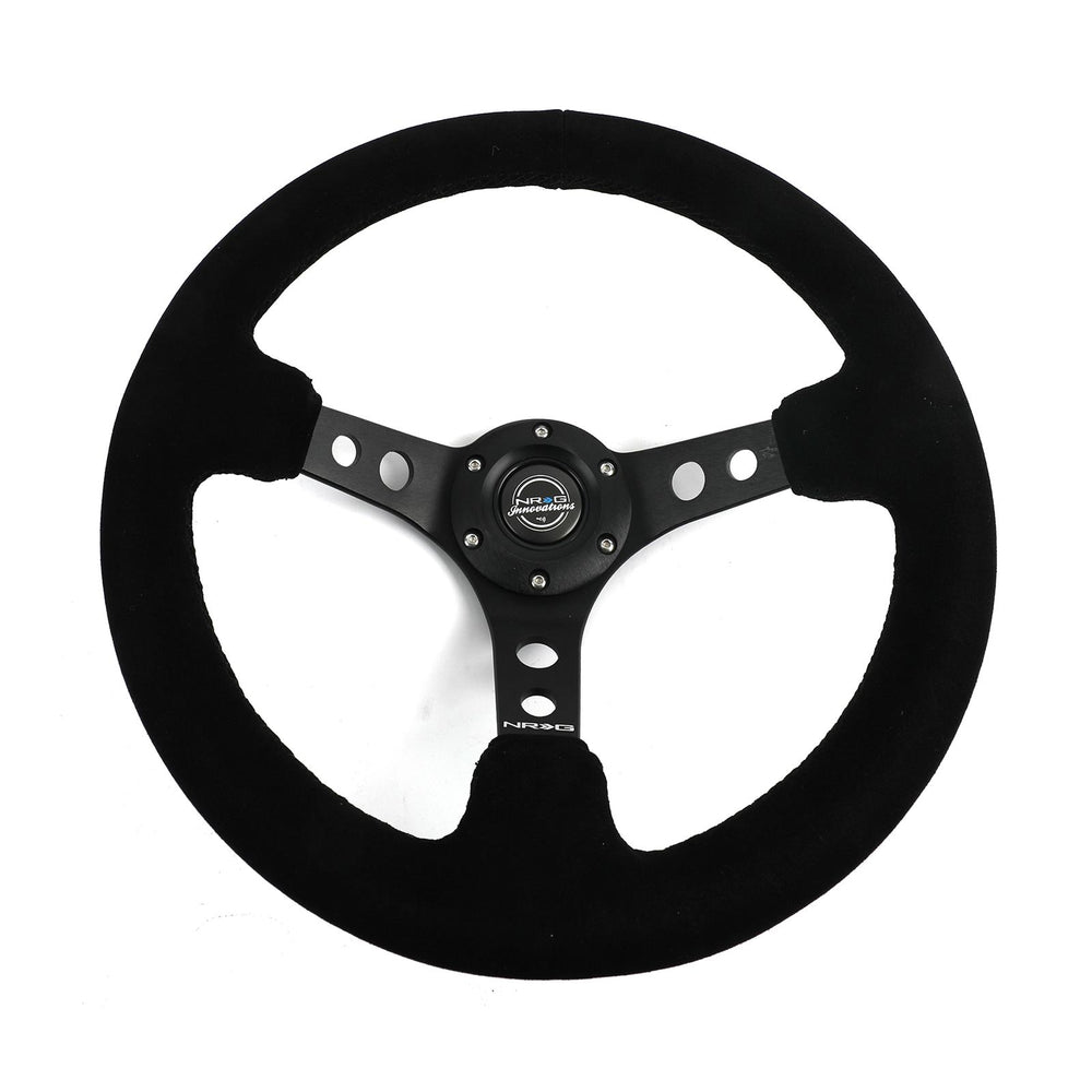 NRG Reinforced Steering Wheel (350mm/ 3in. Deep) Black Suede/ Fushia Center Mark/ Fushia Stitching