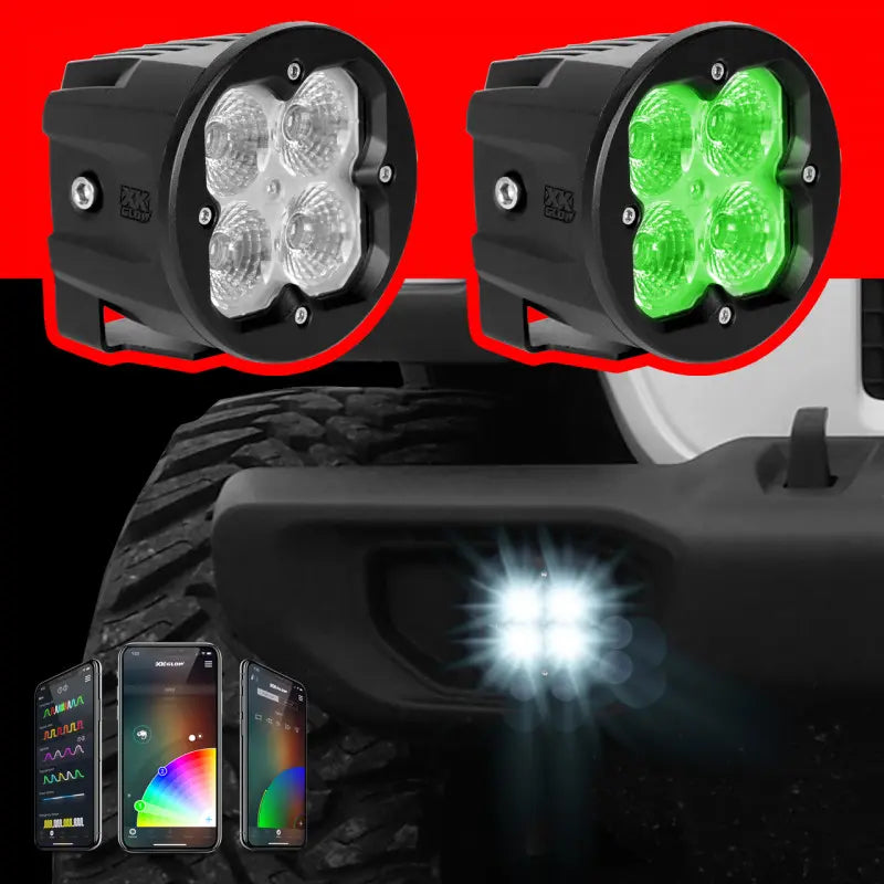 XK Glow Round XKchrome 20w LED Cube Light w/ RGB Accent Light - Spot Beam w/Fog Light Bracket