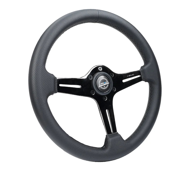 NRG Light Weight Gaming Steering Wheel - 350mm 3 Black Chrome Silver Spokes Perforated Leather