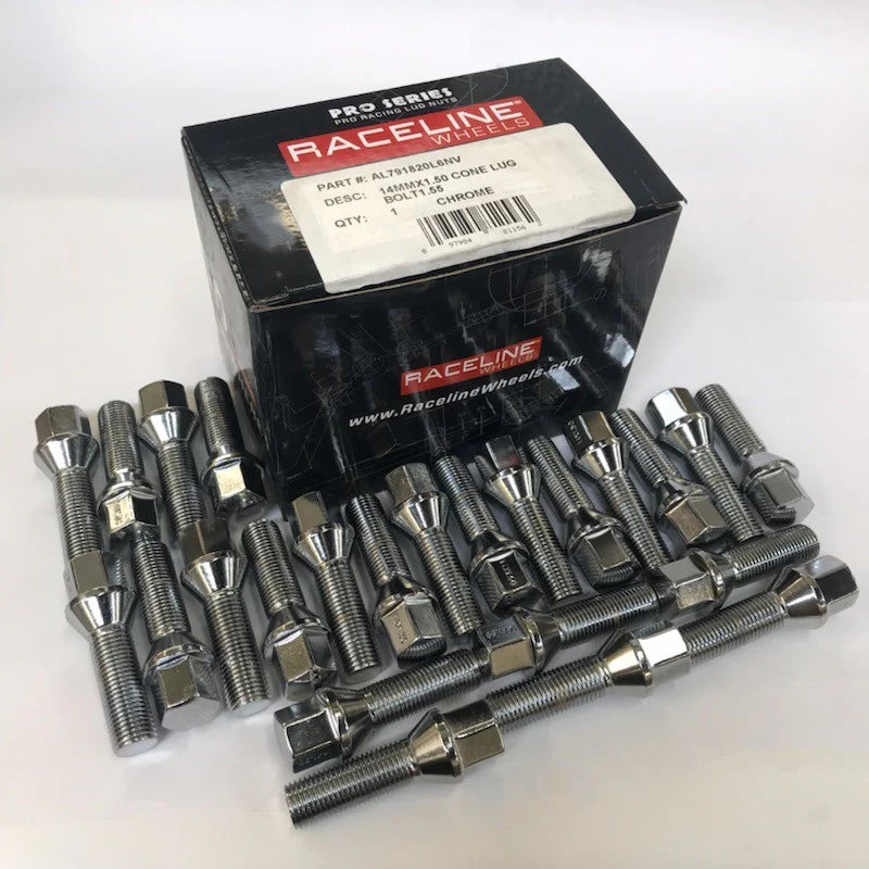 Raceline 14x1.5 1.55in L/Bolt Conical Chrome Lug Bolts (Set of 24)