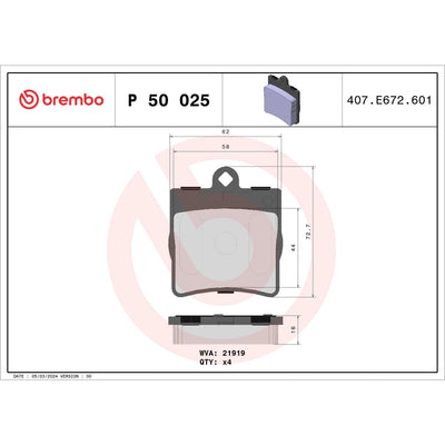 Brembo 04-08 Chrysler Crossfire/06-08 SLK280 Rear Premium Low-Met OE Equivalent Pad
