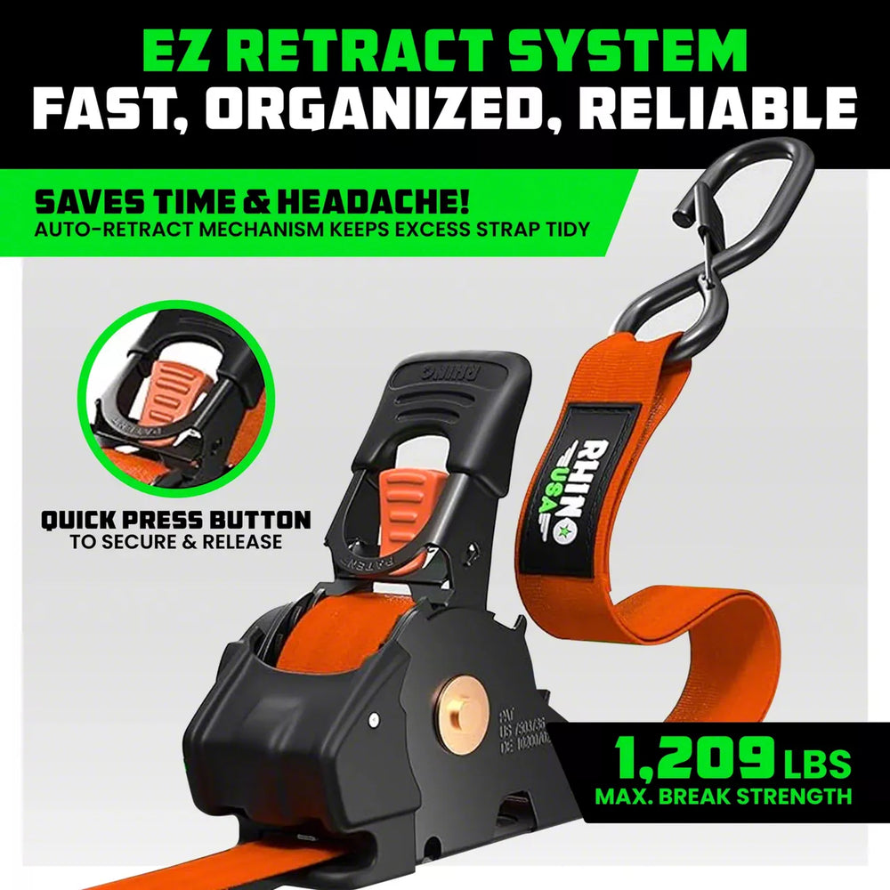 Rhino USA Retractable Ratchet Straps (4Pk 1Inx10Ft) (Orange)
