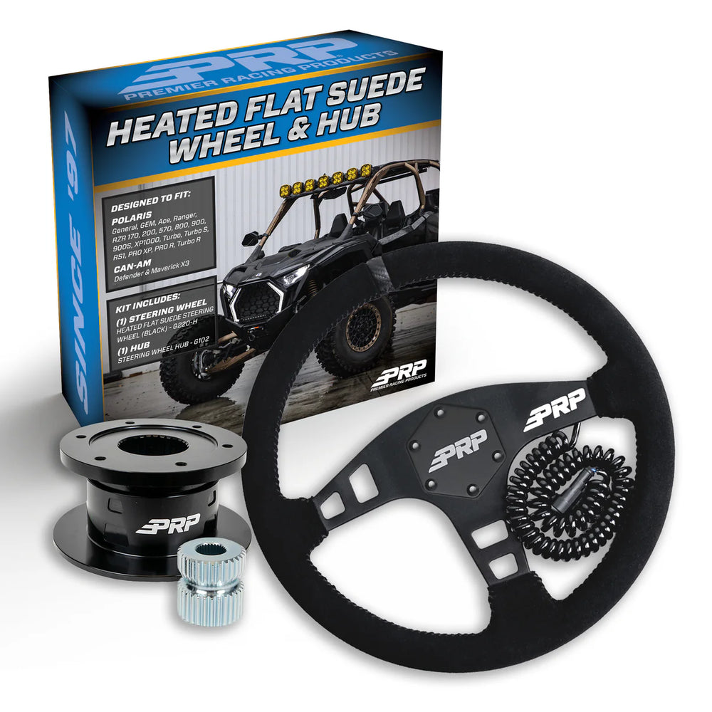 PRP Heated Flat Suede Steering Wheel Kit Black with Quick Release Hub for Polaris RZR Can Am X3 Arctic Cat Wildcat EZ-GO GEM John Deere Gator KG160H-02
