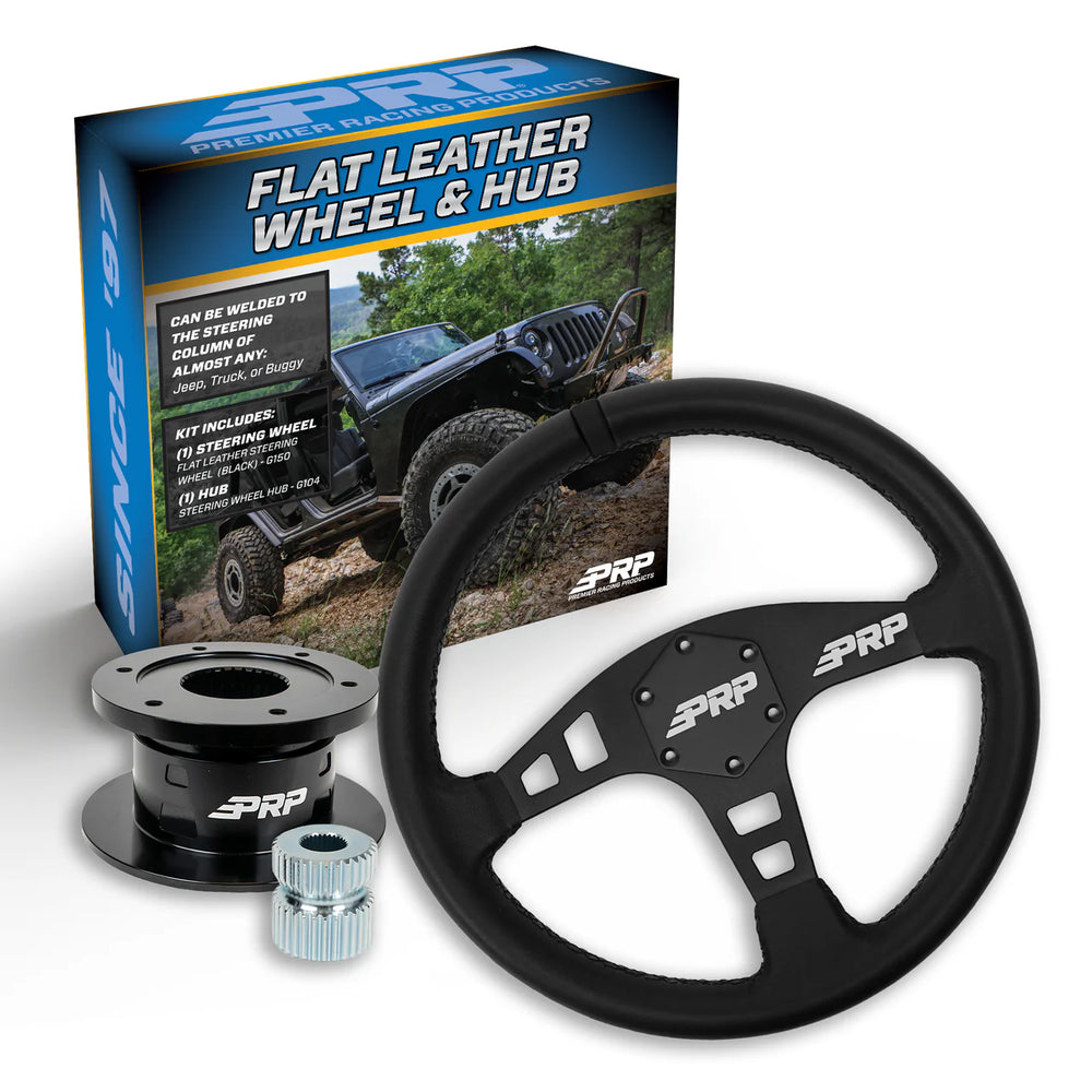 PRP Flat Leather Steering Wheel Kit Black with Quick Release Hub - Universal Weld on Adaptor KG150-04