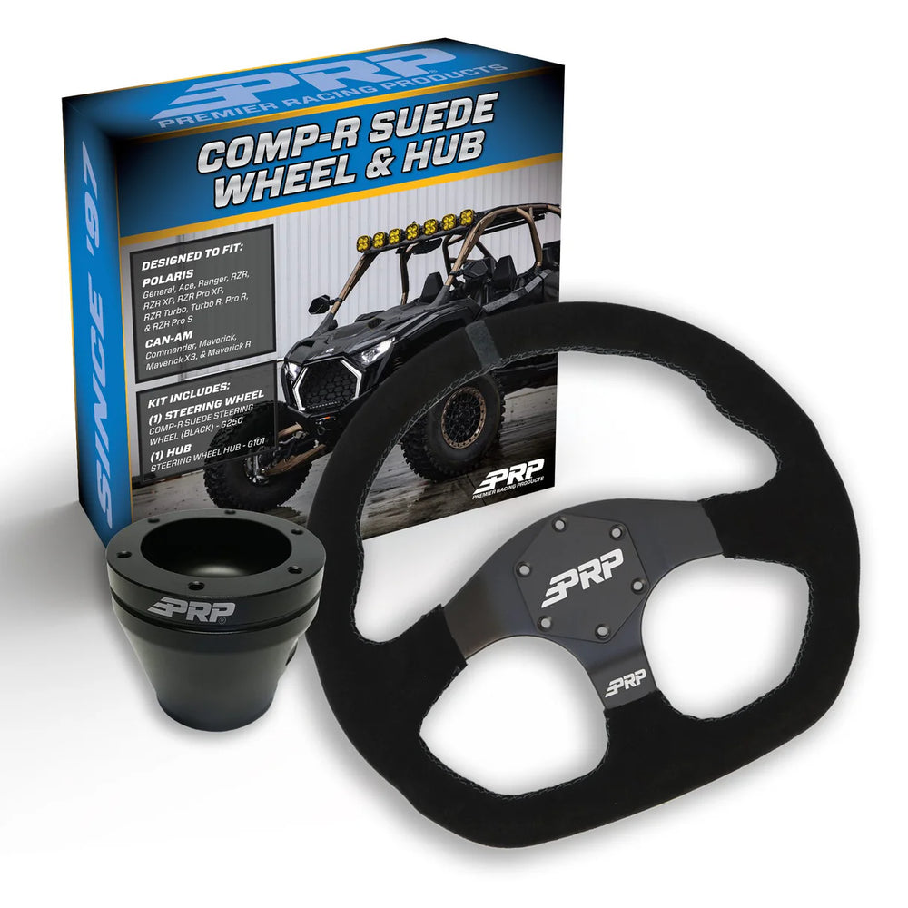 PRP Suede D-Shape Steering Wheel Kit Black with UTV Hub for Polaris RZR Can Am X3 Arctic Cat Wildcat EZ-GO GEM John Deere Gator KG250-01