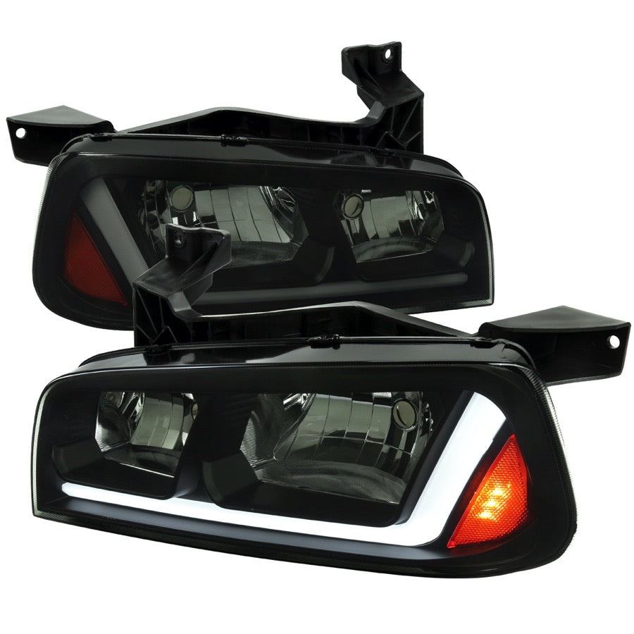 HEADLIGHTS WITH LED BAR MATTE BLACK HOUSING SMOKED LENS - AMBER REFLECTOR LED BAR PARK SEQUENTIAL SIGNAL LIGHT INCLUDED USE STOCK 9006 XS LOW 9005 XS