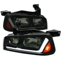 HEADLIGHTS WITH LED BAR MATTE BLACK HOUSING SMOKED LENS - AMBER REFLECTOR LED BAR PARK SEQUENTIAL SIGNAL LIGHT INCLUDED USE STOCK 9006 XS LOW 9005 XS
