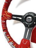 NRG Reinforced Steering Wheel (3in. Deep) Ryan Litteral Sig Blk Alcan, Red Stich, Flame Embroidery