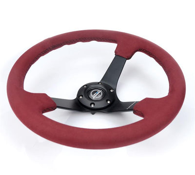 NRG Reinforced Steering Wheel (350mm/ 3in. Deep) Black Spoke/ Burgundy Alcantara w/ Black Stitch