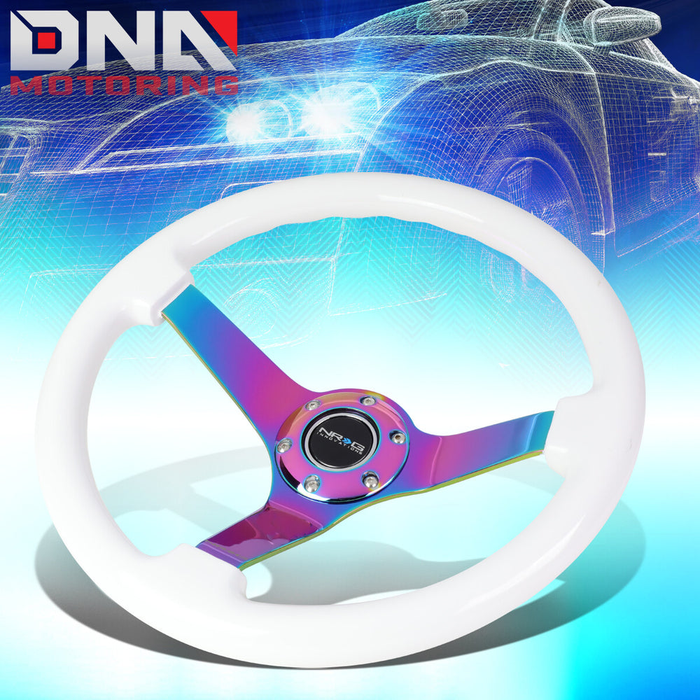 NRG Reinforced Steering Wheel (350mm / 3in. Deep) Classic White w/4mm Neochrome Solid 3-Spoke