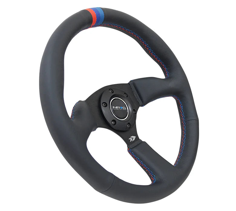 NRG Reinforced Steering Wheel (350mm / 2.5in Deep) Blk Leather w/M3 stitch Matte Blk 3-Spoke Center