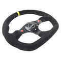 NRG Reinforced Steering Wheel (320mm) Sport Suede Dual Push Buttons Flat Bottom w/ Yellow Center