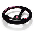 NRG Reinforced Steering Wheel (3in. Deep) Tasty Garage Sig Blk Suede, Red Stich, Pink TG Embroidery