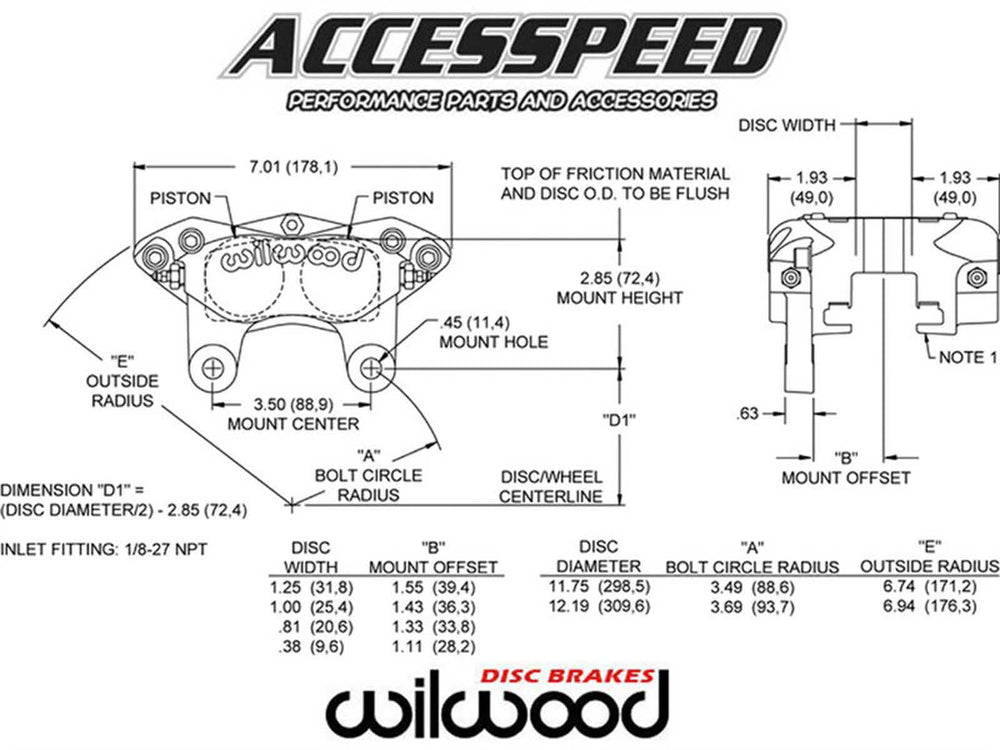 Wilwood Caliper-Forged Narrow Dynalite 3.50in Mount 1.62in Pistons 1.25in Disc