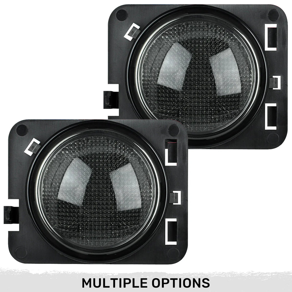 ~(1 lbs. 10X6X5)~ Jeep 07-18 JK Wrangler Round Front Fender Lenses with White LEDs Located on Front Side Fender - Smoked Lens