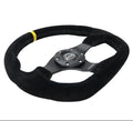 NRG Reinforced Steering Wheel (320mm) Sport Suede Flat Bottom w/ Yellow Center Mark