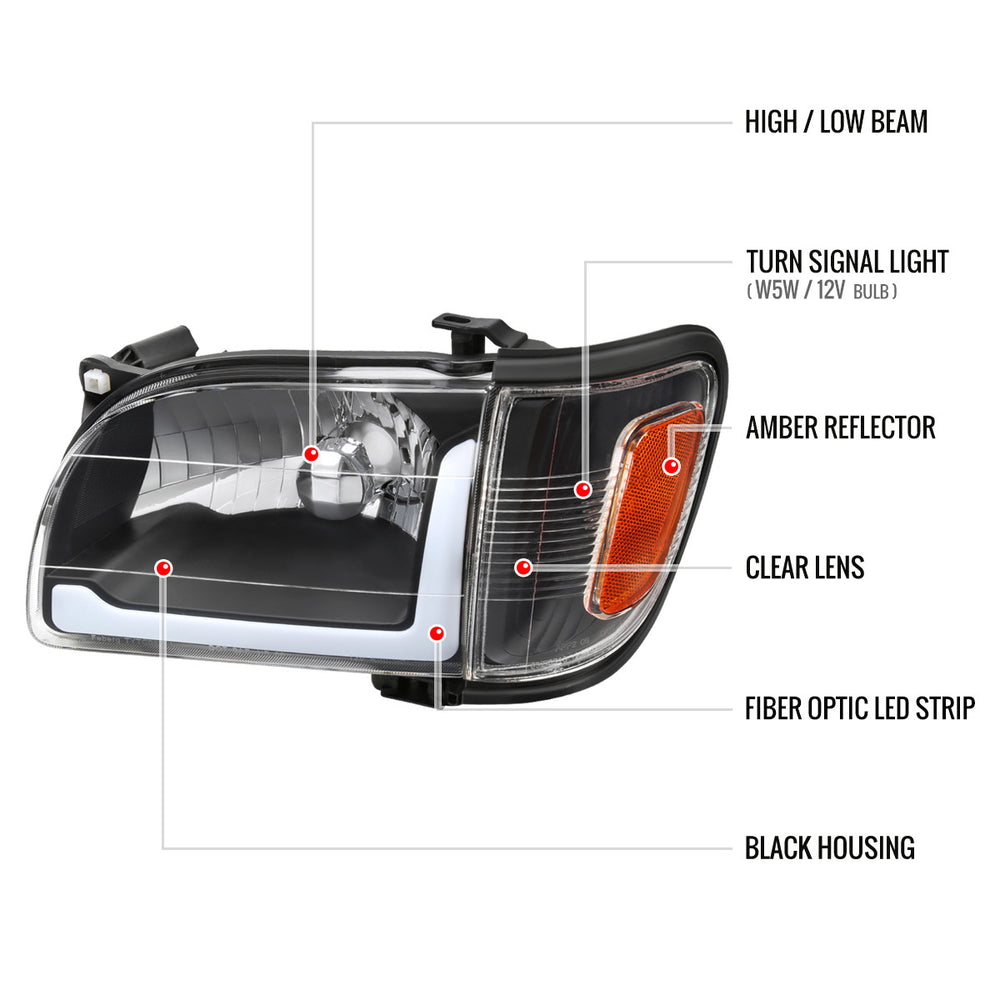 LED BAR HEADLIGHT CORNER LIGHT COMBO MATTE BLACK HOUSING AND CLEAR LENS - USES STOCK BULBS