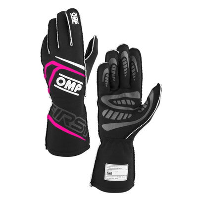 OMP FIRST GLOVES FIA 8856-2018 MY2025 BLACK / FUCHSIA SZ M