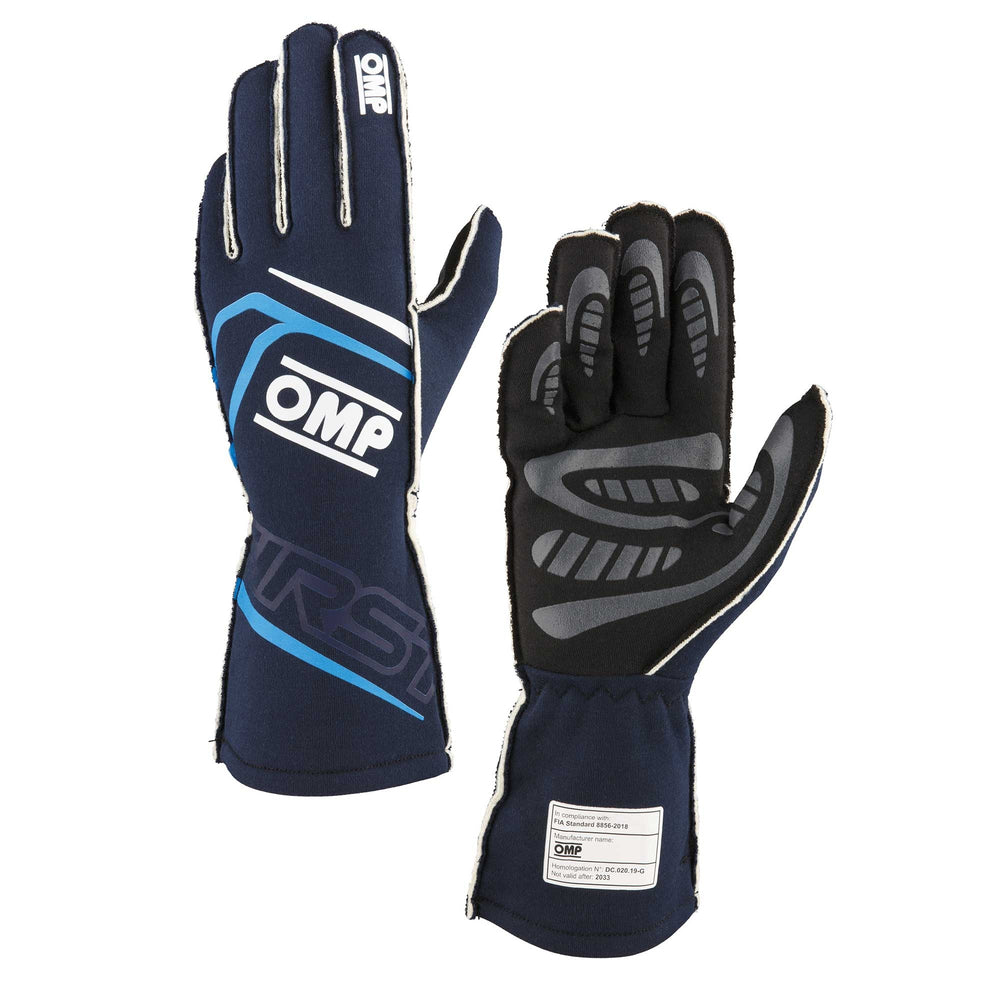 OMP FIRST GLOVES FIA 8856-2018 MY2025 NAVY BLUE / CYAN SZ S