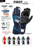 OMP FIRST GLOVES FIA 8856-2018 MY2025 NAVY BLUE / CYAN SZ S