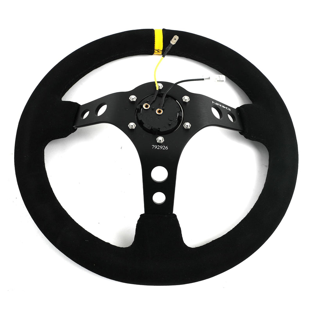 NRG Reinforced Steering Wheel (350mm / 3in. Deep) Blk Suede w/Circle Cut Spokes & Single Yellow CM
