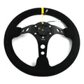 NRG Reinforced Steering Wheel (350mm / 3in. Deep) Blk Suede w/Circle Cut Spokes & Single Yellow CM