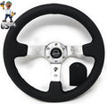 NRG Reinforced Steering Wheel (350mm / 3in. Deep) Blk Leather w/Silver Spoke & Circle Cutouts