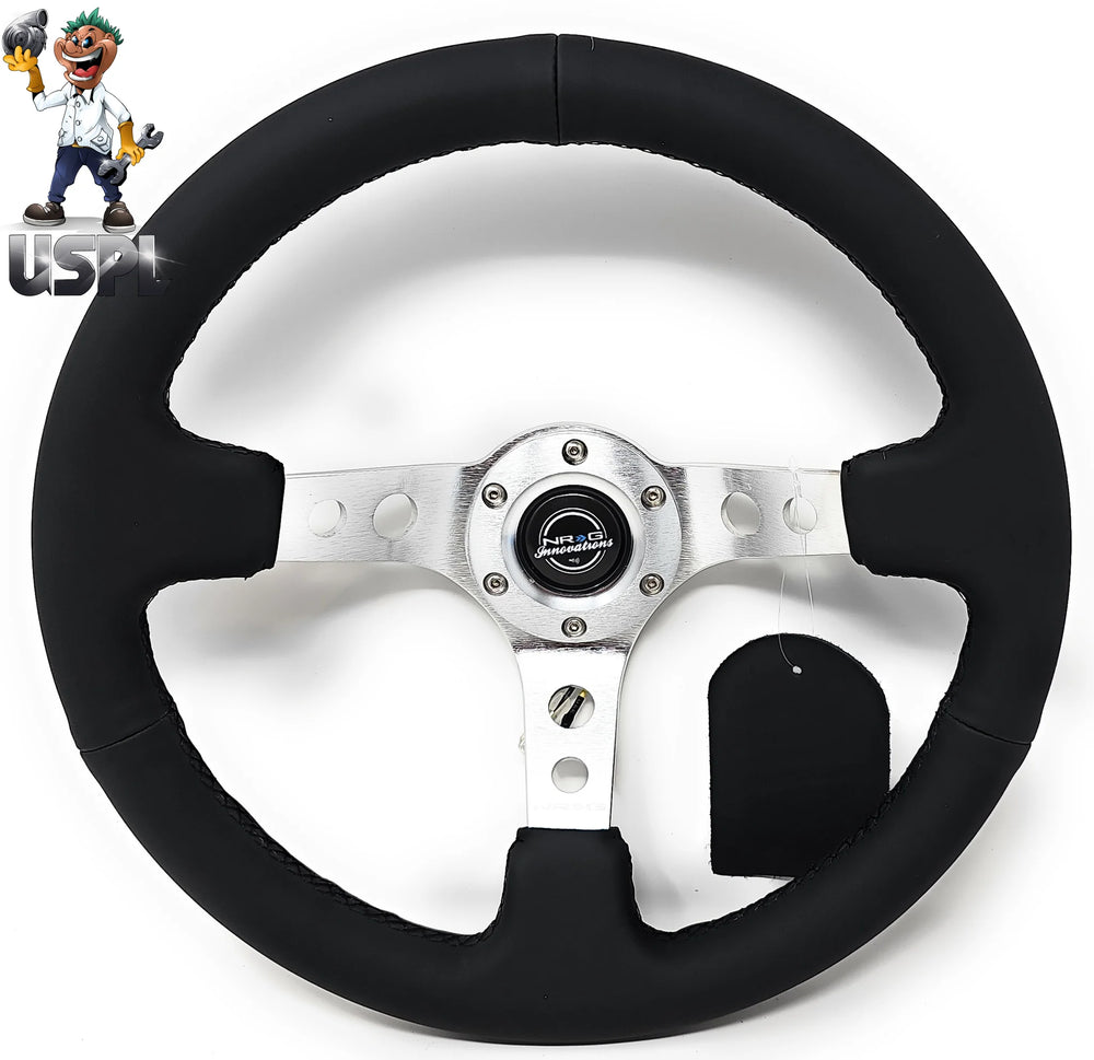 NRG Reinforced Steering Wheel (350mm / 3in. Deep) Blk Leather w/Silver Spoke & Circle Cutouts