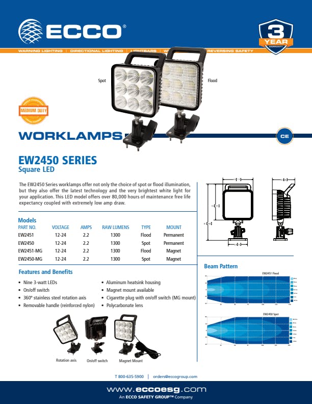 WORKLAMP: LED (9) SPOT BEAM SQUARE SWIVEL MOUNT HANDLE MAGNETIC 1224VDC